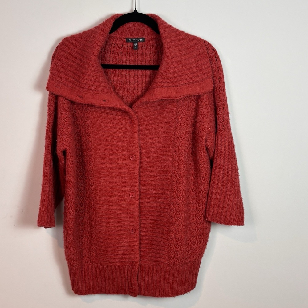 Eileen Fisher Women's Red Textured Knit Shawl Neck Cardigan SZ small Alpaca Wool